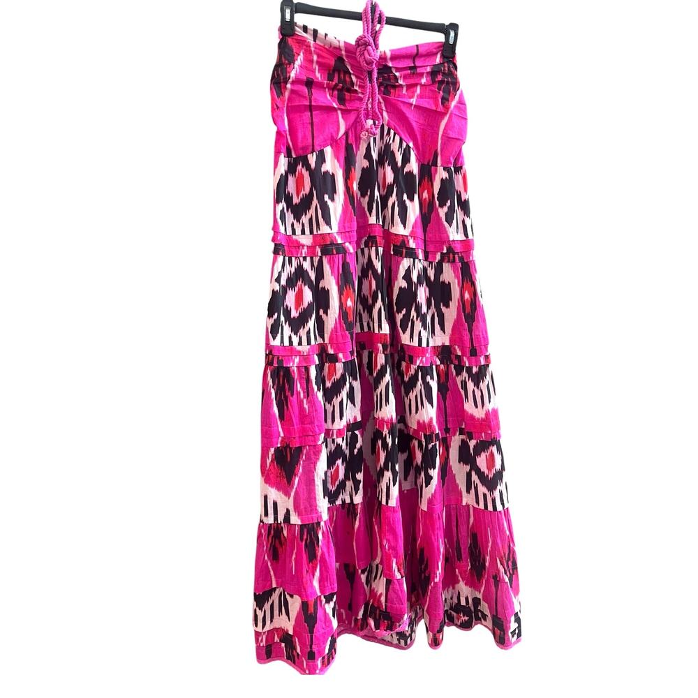 Ro's Garden Denise Halter Tie Gathered Tiered Maxi Dress | Sz XL Pink Black Ikat - Picture 7 of 16